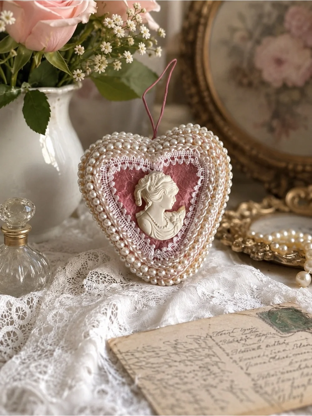 Rare Vintage 1970’s Victorian Pearl Beaded Heart Cameo Ornament in Dusty Rose